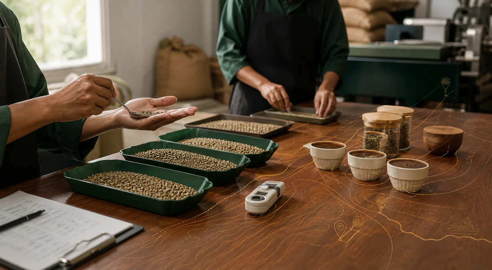 Coffee quality team grading green beans and preparing cups